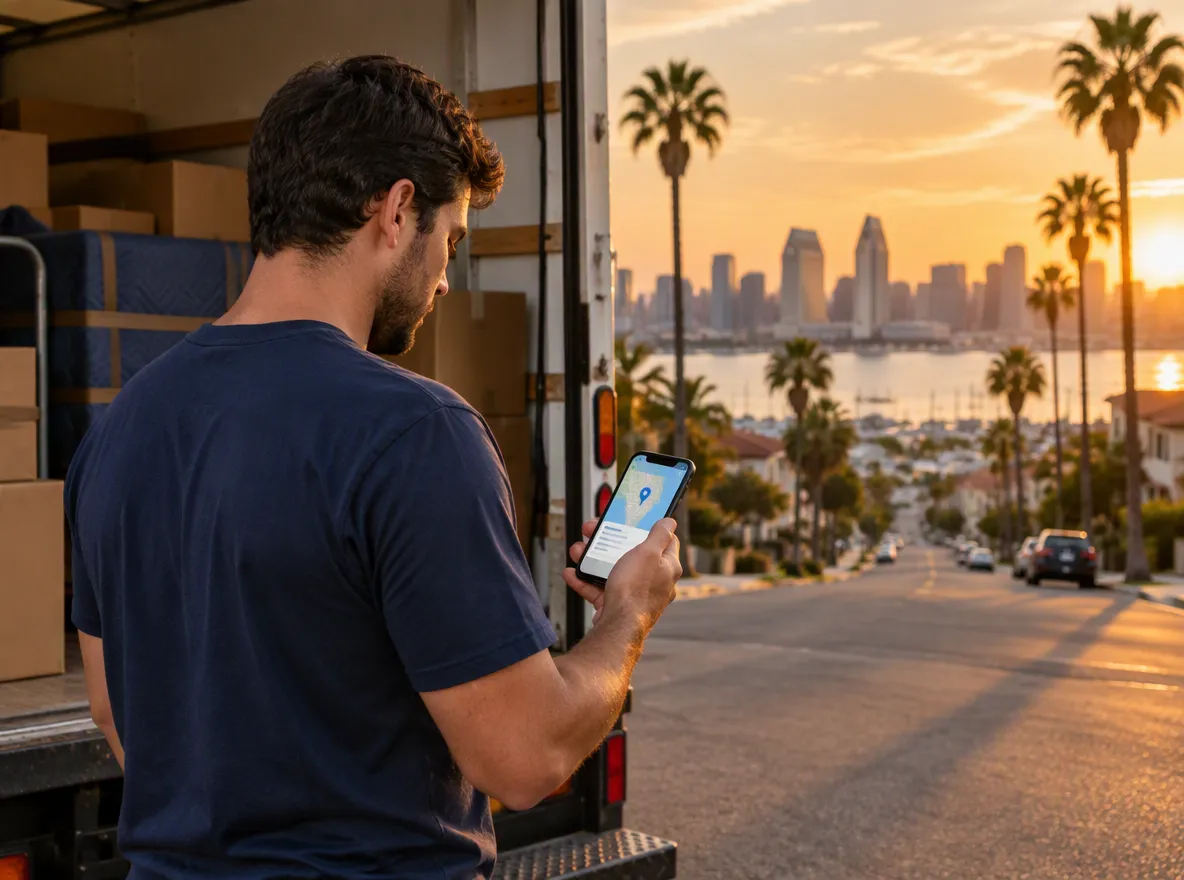 Mover checking a delivery job on his phone in San Diego