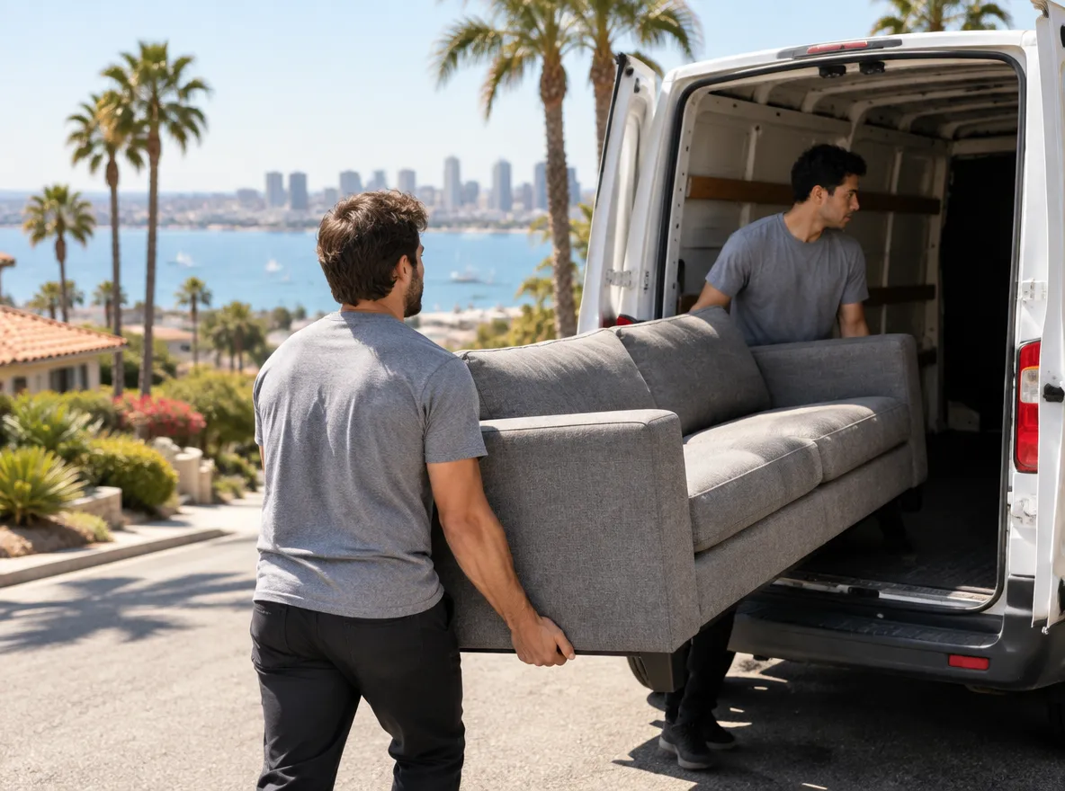 Two movers loading a sofa into a van in San Diego